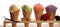 Set of ice cream scoops of different colors and flavours