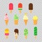 Set of Ice Cream in trandy paper cut style. Collection of tasty bright icecream stick and cones summer with shadow for