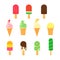 Set of Ice Cream in trandy paper cut style. Collection of tasty bright icecream stick and cones summer on white