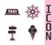 Set Ice cream in waffle cone, Taxi car roof, Road traffic sign and Ship steering wheel icon. Vector