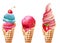 Set of ice creams with cherry, raspberry and strawberry topping