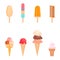 Set of ice creams and popsicles icons. Collection cartoon ice cream food. Vector art illustration isolated on white