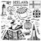 Set of Iceland Symbols in vintage style. Traditional national signs on white background. Scandinavian culture. Hand