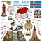 Set of Iceland Symbols in vintage style. Traditional national signs on white background. Scandinavian culture. Hand