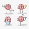 Set icon adorable kawaii brain doing different activities