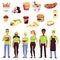 Set of icon for fast food restaurants - takeaway food and team of workers.