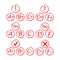 Set icon. Grade result A,B,C,D, F plus, minus. Hand drawn vector sing in red circle. Test exam mark report. Symbols of exclamation