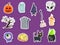 Set of icon halloweeen stickers. pumpkin, ghost, brain, bat, skull, gravestone, tree, candle, broom, eyeball, cat, witches