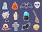 Set of icon halloweeen stickers. pumpkin, ghost, brain, bat, skull, gravestone, tree, candle, broom, eyeball, cat, witches