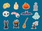 Set of icon halloweeen stickers. pumpkin, ghost, brain, bat, skull, gravestone, tree, candle, broom, eyeball, cat, witches