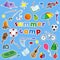 Set of icon patches on the subject of vacation and summer camps on a blue background