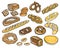 Set of icons of the bakery, hand-drawn bread of various types, baguettes, bagels. Design for confectionery, bakery, cafe