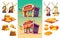 Set of icons for a bakery two bake shop, freshly baked bread, wheat ears, flour bags, windmills