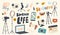 Set of Icons Blogger Life Theme. Video Camera, Light Equipment, Laptop and Photo Camera, Smartphone, Smiling Mouth