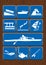 Set icons of boat, harbor, swim, windsurfing, rowing boat, dive, fish, fishing rod. Icons in blue color on wooden background.