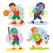 Set icons of boys playing basketball, football, baseball