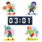 Set icons of boys playing basketball, football, baseball, scoreboard