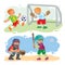 Set icons of boys playing football and baseball