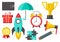 Set of icons for business or education. Wallet, umbrella, cup, medal, rocket, pencil, megaphone, alarm clock, puzzle, gift. Vector