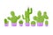 A set of icons of cacti in pots on a white background. A variety of decorative cacti with thorns. Illustration in a flat