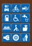 Set icons of car rental, bicycle, tractor, gas station, wheelchair, drinking water, barge, blind person, silence, mechanic,