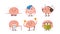 Set of Icons Cartoon Human Brain, Funny Mascots Meditate, Suffer of Headache, Listening Music with Headset, Dance