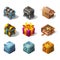 Set of icons cartoon isometric boxes and objects for game. Vector illustration.