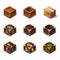 Set of icons cartoon wooden isometric boxes for game. Vector illustration.