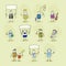 Set of icons of characters in professional clothing with a doctor waitress cook chef cleaner air hostess policewoman painter