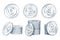 A set of icons of coins on the isolated white background. Bank notes dollar, Bank notes euro, bitcoin. Symbols of