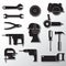 Set of icons construction tools hammer saw wrench screwdriver drill power tools... on grey isolated background. Vector image