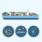 Set icons with crane, cargo containership , the crane with containers in dock, vector illustration