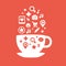 Set of icons of cups of coffee fly white and red c