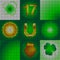 Set of icons on the day of St. Patrick. Image of small round shapes.Glowing symbols of the holiday.Leaf clover and glowing circles