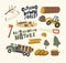 Set of Icons Deforestation and Tree Cutting Theme. Truck Transportation, Logs and Loader in Forest, Nature, Wooden Stump