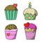 A set of icons, delicious cupcakes with delicate fruit and chocolate cream with a heart and a candle, vector