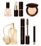 Set of icons. Design of cosmetics and perfumes in beige tones. Advertising products lipstick, nail polish, powder, pencil, mascara