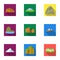 Set of icons about different mountains. Winter, summer mountains in one collection.Different mountains icon in set