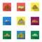 Set of icons about different mountains. Winter, summer mountains in one collection.Different mountains icon in set