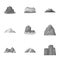 Set of icons about different mountains. Winter, summer mountains in one collection. Different mountains icon in set