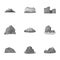 Set of icons about different mountains. Winter, summer mountains in one collection.Different mountains icon in set