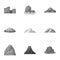 Set of icons about different mountains. Winter, summer mountains in one collection.Different mountains icon in set