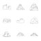 Set of icons about different mountains. Winter, summer mountains in one collection.Different mountains icon in set