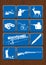 Set icons of ducks, hunter, deer, binoculars, telescopic sight, rifle. Icons in blue color on wooden background