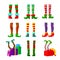 Set of Icons Elves Legs, Christmas Design Elements, Cute Funny Feet of Xmas Character in Striped Stoking and Nosy Shoes