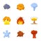 A set of icons about the explosion. Various explosions, a cloud of smoke and fire.Explosions icon in set collection on