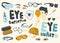 Set of Icons Eyes Protection, Eyesight Theme. Eyeglasses, Optometry and Solution Bottle with Pipette. Eyesight Checkup