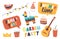 Set of Icons Family Garden Party Theme. Summer Time Leisure, Outdoor Recreation Activity, Guitar, Pinata, Smiling Lips