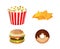 Set Icons Of Fast Food Consisting of Popcorn, Chips, Hamburger, Donut Isolated On White Background. Flat style. Vector