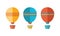 Set of icons in flat style. Yellow, blue and red air balloon, aerostat. Travel by air transport. Isolated objects